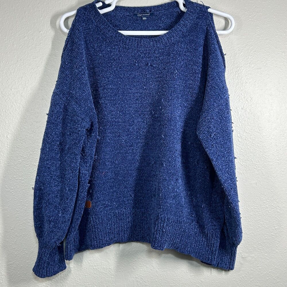 Simply Southern Sweater Womens XXL Blue Cozy Pullover Distressed Cold Shoulder